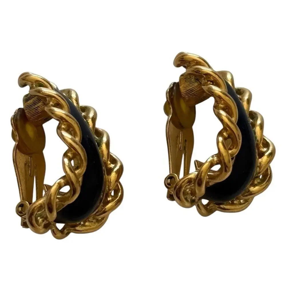 St. John Designer Gold Plate Twist Black Enamel Half Hoop Clip Earrings Vintage